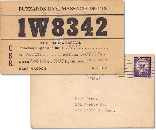 Vintage Amateur Radio Card QSL CBR 1W8342, Buzzards, Massachusetts 1962 - Rad Future