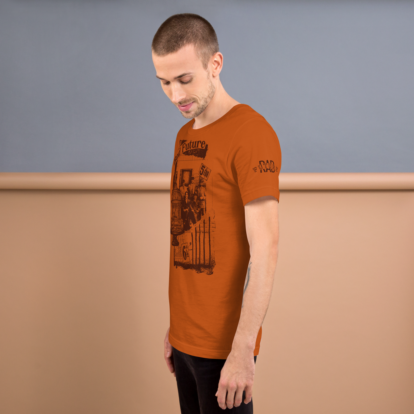 Orange/Brown Vintage Distressed Unisex t-shirt Design - Rad Future