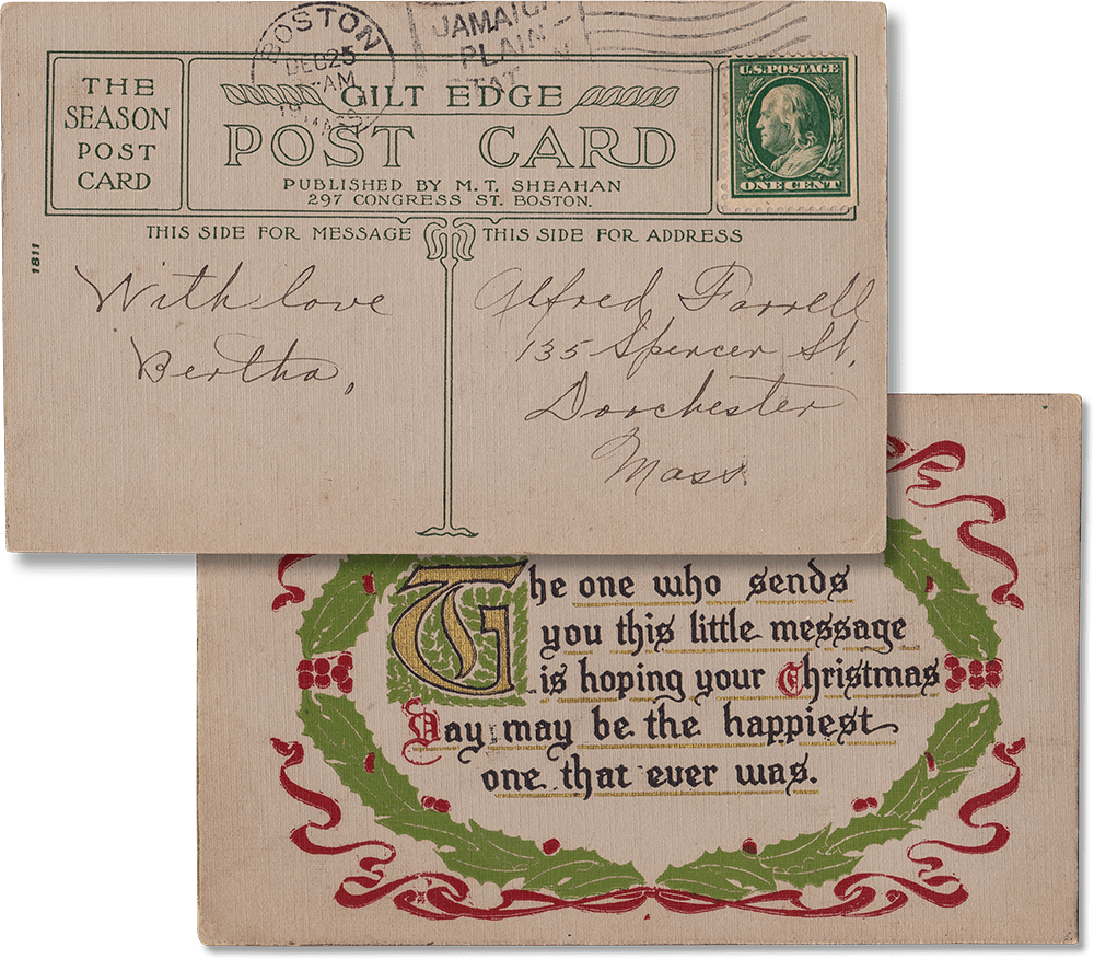 Antique Used Post Card, Early 1900s, Gilt Edge Post Card Boston, Christmas - Rad Future