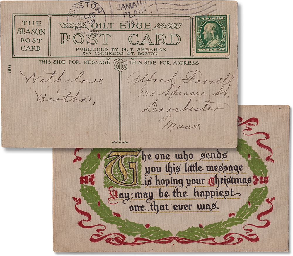 Antique Used Post Card, Early 1900s, Gilt Edge Post Card Boston, Christmas - Rad Future