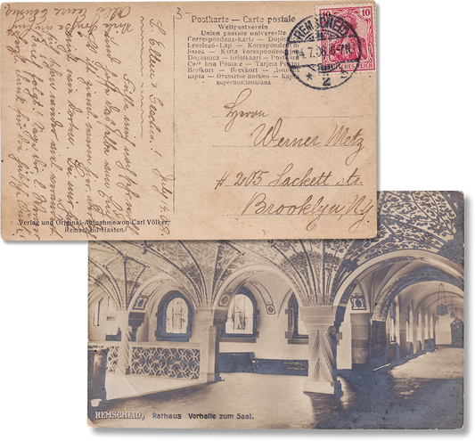 Antique Used Post Card, 1908, Remscheid, Germany, Rathaus Vorhalle Zum Saal - Rad Future