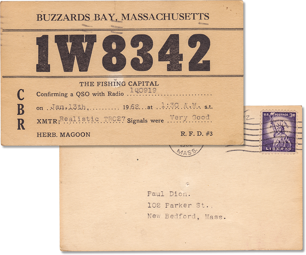 Vintage Amateur Radio Card QSL CBR 1W8342, Buzzards, Massachusetts 1962 - Rad Future