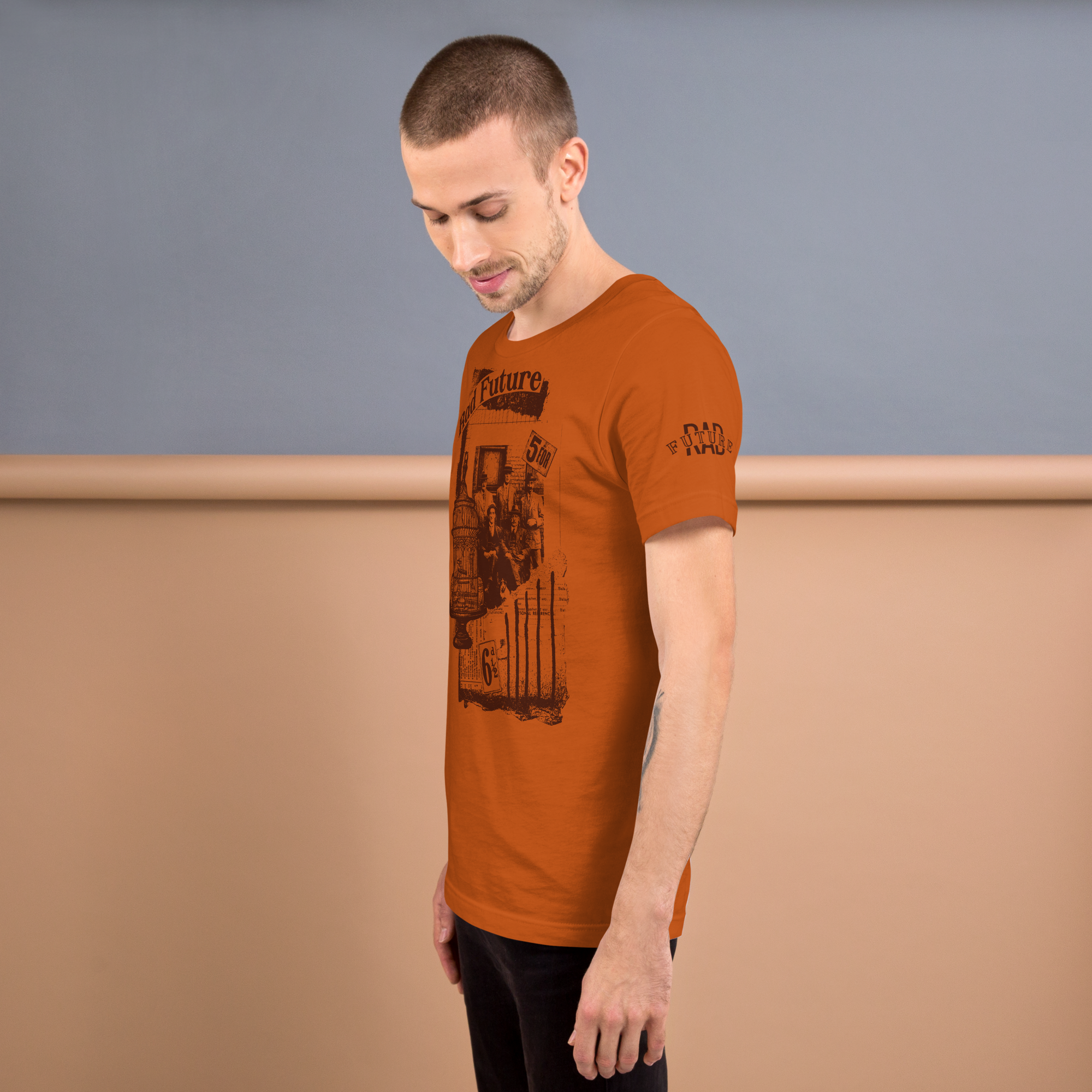 Orange/Brown Vintage Distressed Unisex t-shirt Design - Rad Future